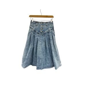 VINTAGE Jordache 80s Denim Swing Skirt Acid Wash Pleated Knee Length Size 8